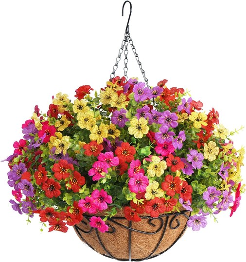 Artificial Hanging Flower Basket for Outdoors, UV Resistant Faux Silk Hanging Plants with 12 Branch Full Design, Fake Daisies Eucalyptus Basket for Porch Patio Garden Balcony Home Decor, Mixed Colors